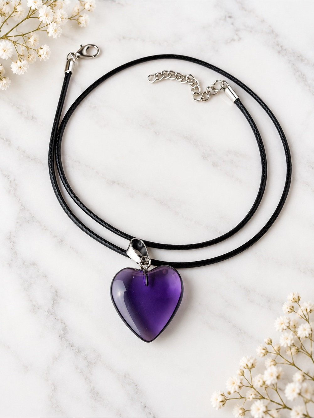 Purple Heart Pendant Necklace on Black Cord